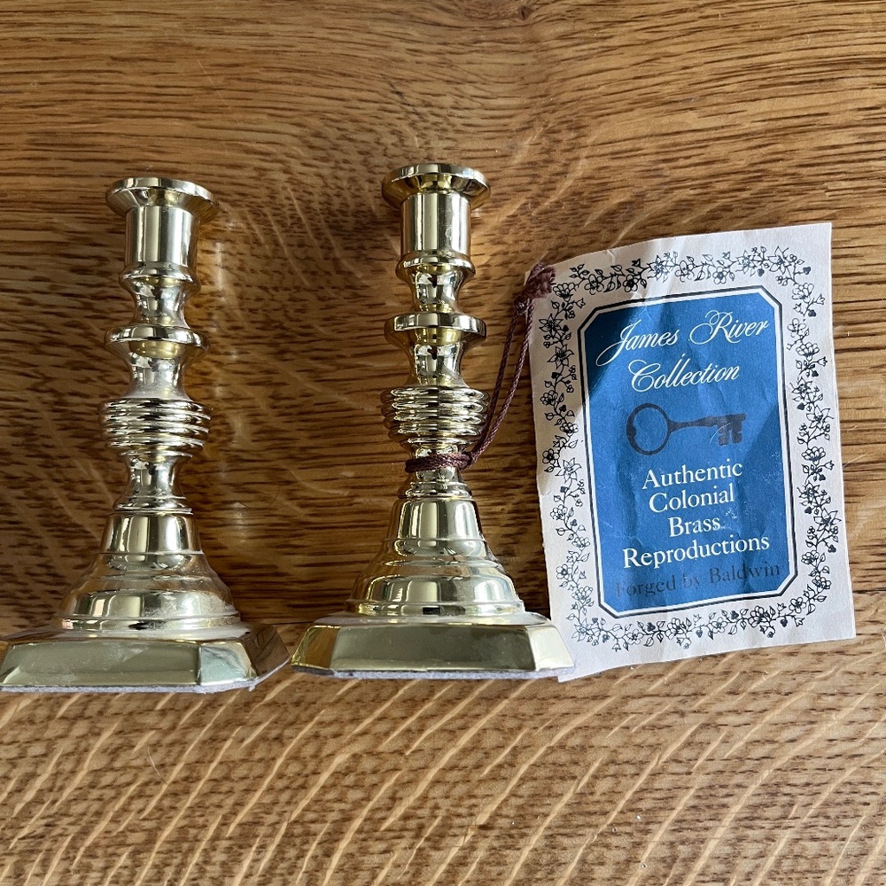 Lovely vintage, new with tags 5” brass candlesticks. Baldwin